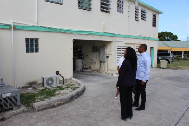 Acting Matron at the Alexandra Hospital Jessica Scarborough, Deputy Premier and Minster of Health in the Nevis Island Administration (NIA), Hon. Mark Brantley and Permanent Secretary in the Ministry of Health on Nevis Nicole Slack-Liburd observing the renovations done to the Alexandra Hospital during a tour of the hospital on July 15, 2016
